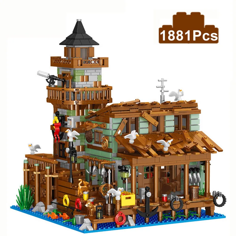 City Old Fishing Store Fisherman Cabin Wharf Model Building Blocks Village Wooden House Street View Mini Bricks MOC Toy Kid Gift