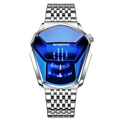 BINBOND Men's Domineering Motorcycle - Inspired Watch - Trendy Large Dial Stainless Steel Design (Silver - Blue)