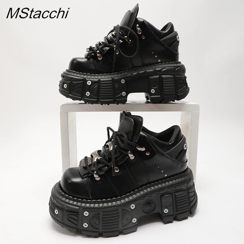 Gothic Women Sneakers Rock 6cm Platform Shoes Punk Style Metal Decoration Heel Height Lace-up Rivet Thick Bottom Leather Shoes