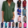 2025 Hot Sale Women Cool Loose Shirt Deep V Neck Chiffon Fashion Blouse Casual Ladies Tops Sexy Zipper Pullover Plus Size 1