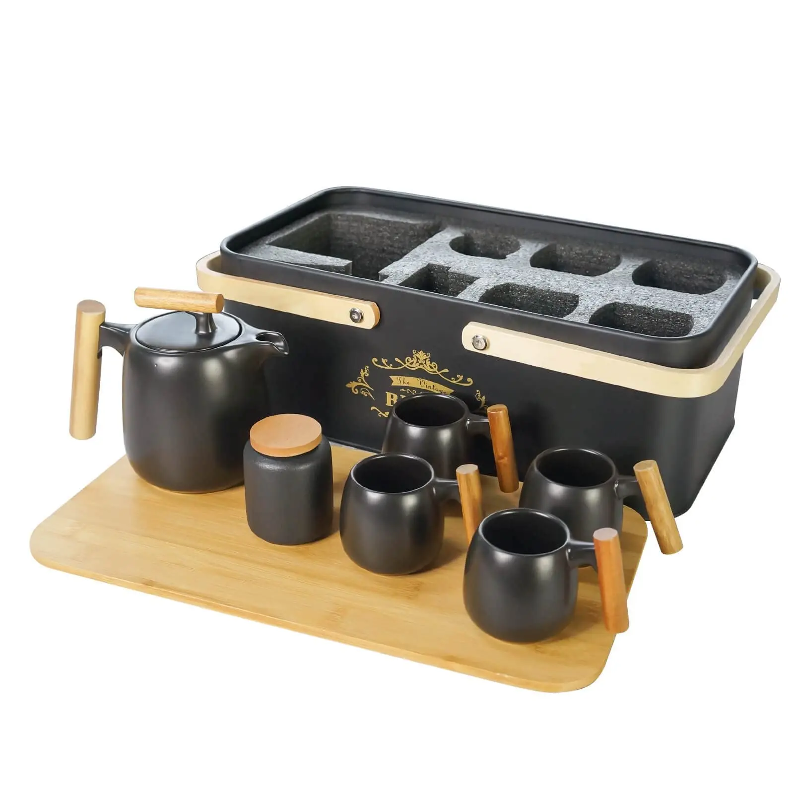 

Black CeramicTea Set With 4pcs Cup Tea Pot Metal Box for Traveling Great For Birthday Festival Tea Gift Set for Tea Lovers