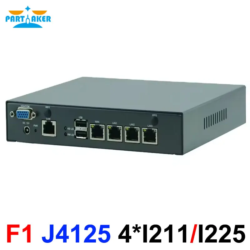 Partaker F1 Network Server Intel Celeron J4125 4 LAN Fanless Mini PC Network Security Appliance Openwrt pfSense OPNsense