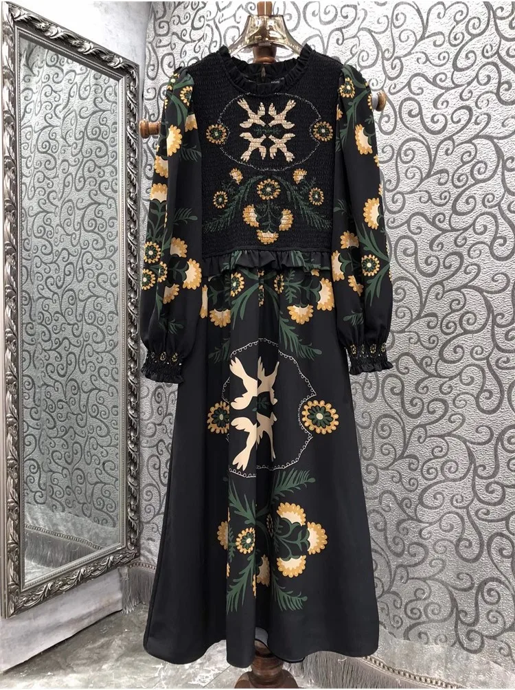 

Top Quality New 2023 Autumn Winter Dress Women Vintage Prints Elastic Chest Long Sleeve Mid-Calf Casual Black Dress Gorgeous