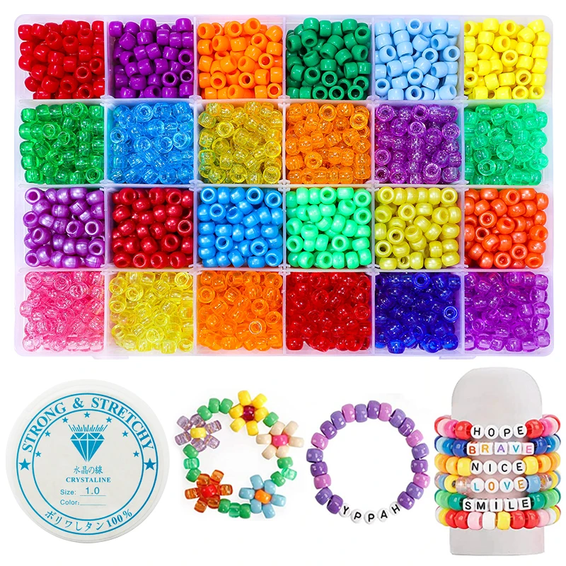 2800pcs Pony Beads Kit 24 Colors Rainbow Kandi Beads Set Large Hole Hair Beads For Bracelets Necklace Keychain Jewelry Making