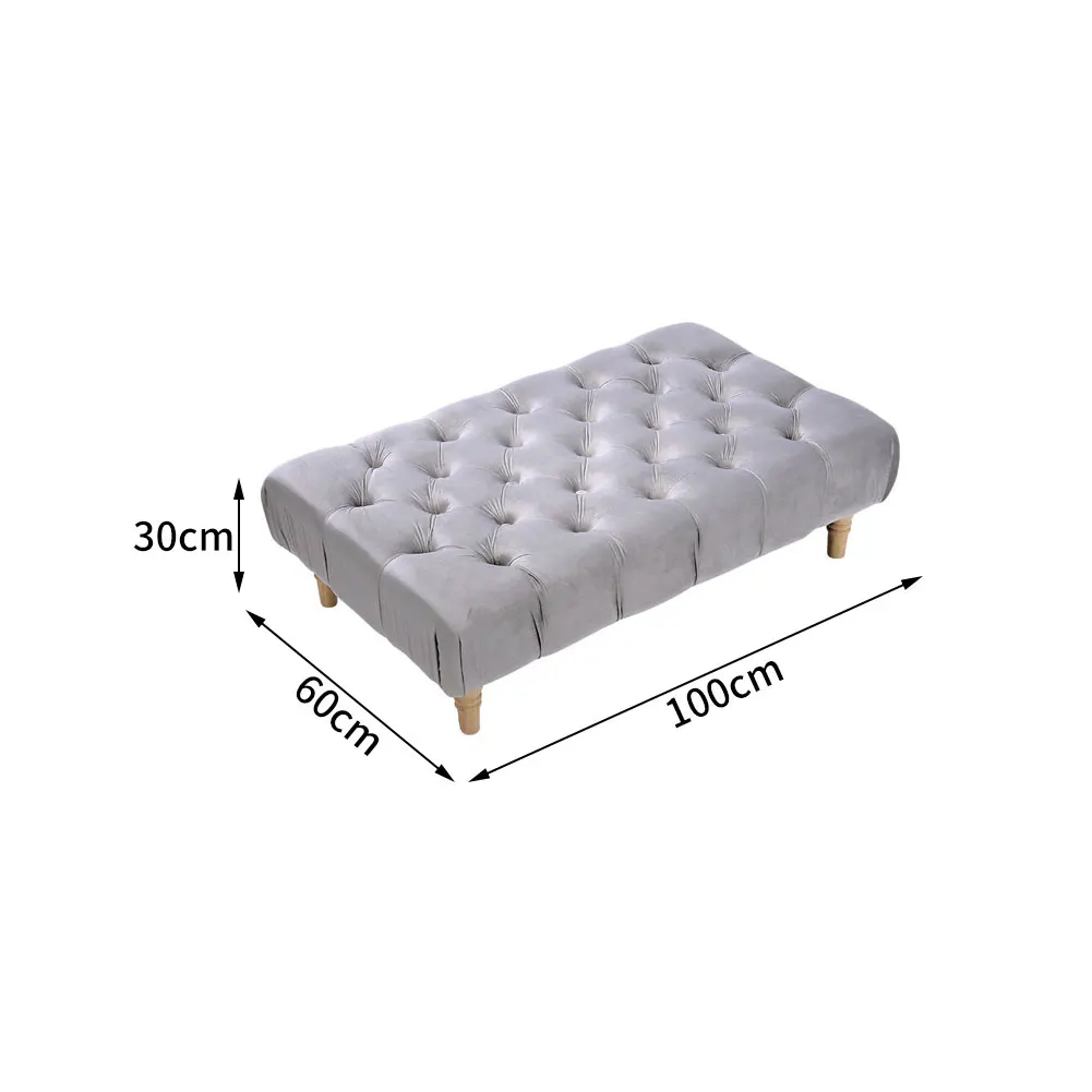 Light Grey Vintage Button-tufted Rectangular Velvet Footstool