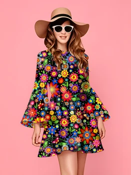 Abito hippie retrò anni '70 da donna con stampa floreale vibrante, girocollo, casual, manica a campana, primavera estate autunno 1