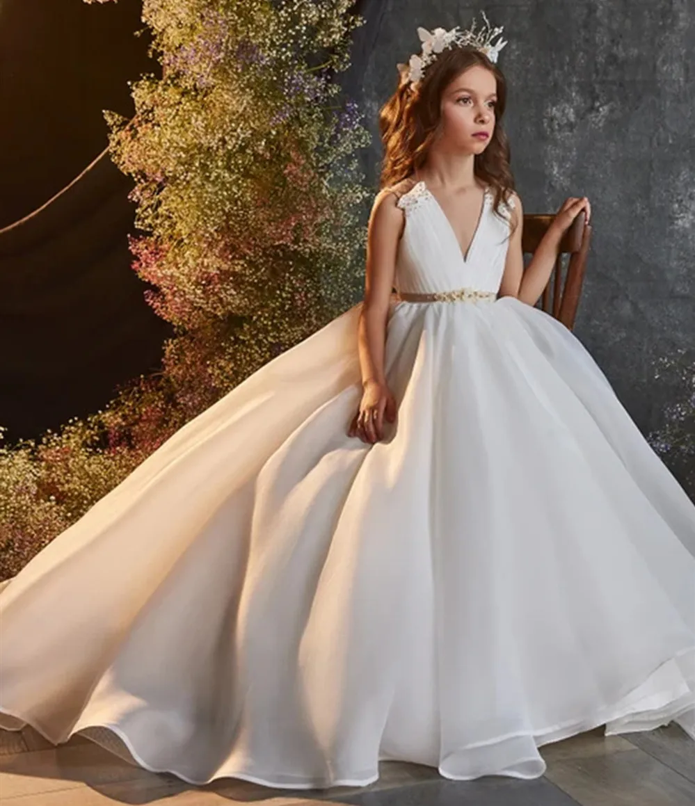 

New White Customized Flower Girl Dresses Pearls Beads Children V Neck Backless Princess Holy First Communion Dresses