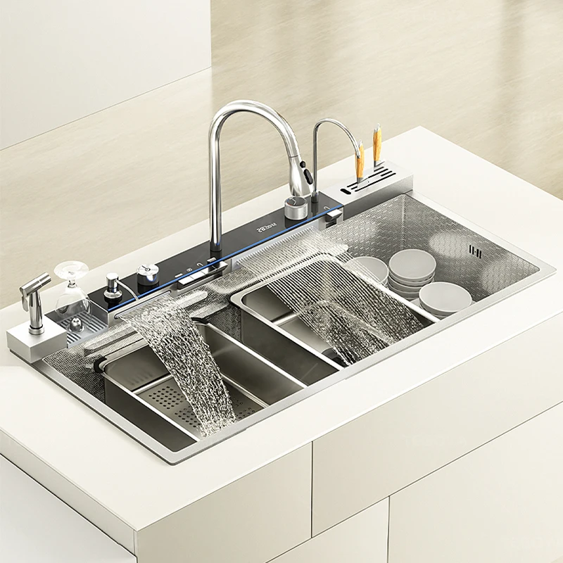 อ่างล้างจานสแตนเลสแบบช่องเดียวขนาดใหญ่ พร้อมก๊อกน้ำดิจิตอลอัจฉริยะสำหรับล้างจานและล้างผัก 1