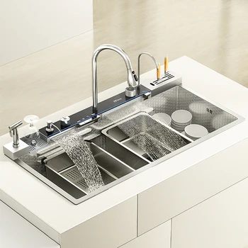 อ่างล้างจานสแตนเลสแบบช่องเดียวขนาดใหญ่ พร้อมก๊อกน้ำดิจิตอลอัจฉริยะสำหรับล้างจานและล้างผัก 1