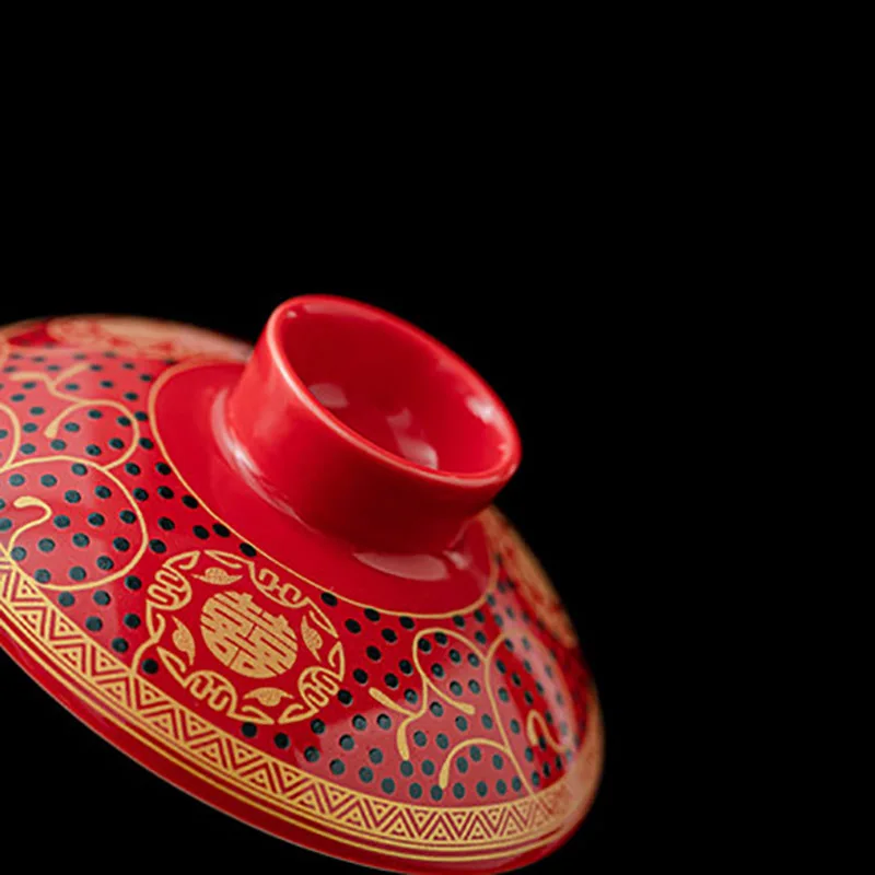 Gaiwan 2 Suits Porcelain Teacups, 200ml Cups, Chinese Double Happiness Cover, Bowl Saucer for Red Wedding Party, Marriage Supp