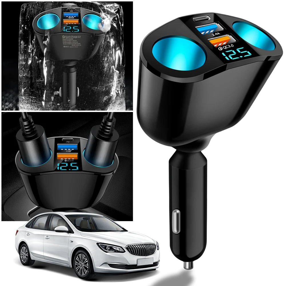 Car Cigarette Lighter Socket Splitter PD QC3.0 12V-24V 2 USB Charger C Ports Blue Atmosphere Light Quick Charge Car Charger 2.4A
