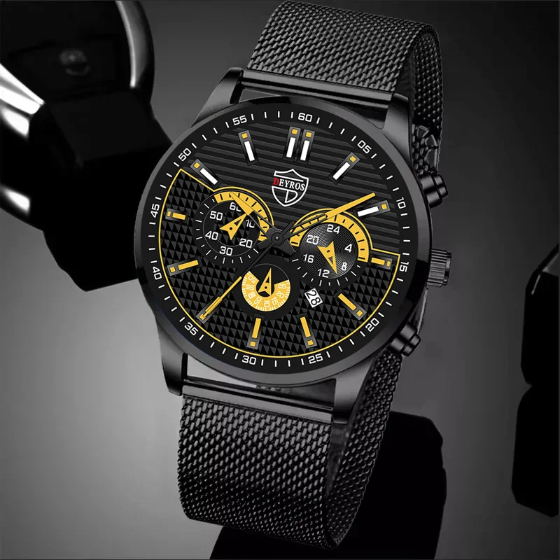 Brand Men's Fashion Business Calendar Watches Stainless Steel Mesh Belt Analog Quartz Wristwatch Male Leather Clock часы мужские sport watch men quartz analog clock 3 time zone sub dials design big case oversize fashion black wrist watches relogio