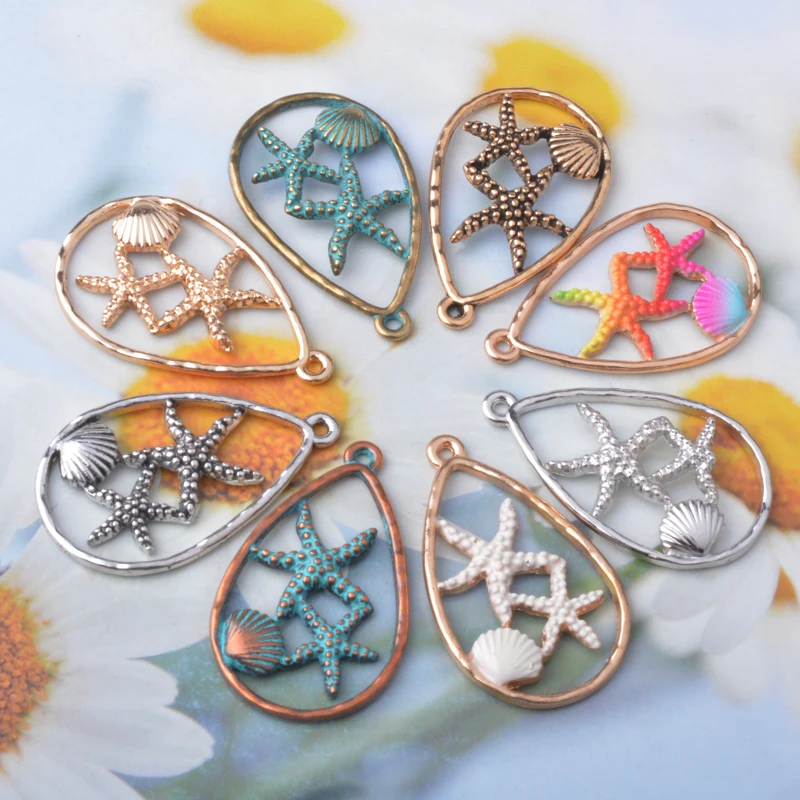 10 Stück/Set Strand-Ozean-Tropfenanhänger, Seestern- und Muschel-Legierungsanhänger für DIY-Ohrringe und Halsketten
