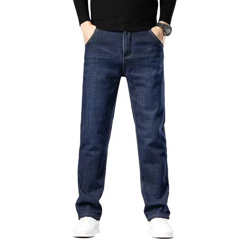 High Quality Men Fleece Jeans Business Casual Slim Straight Denim Trousers Autumn Winter New Plus Size Thickened Warm Men Pants