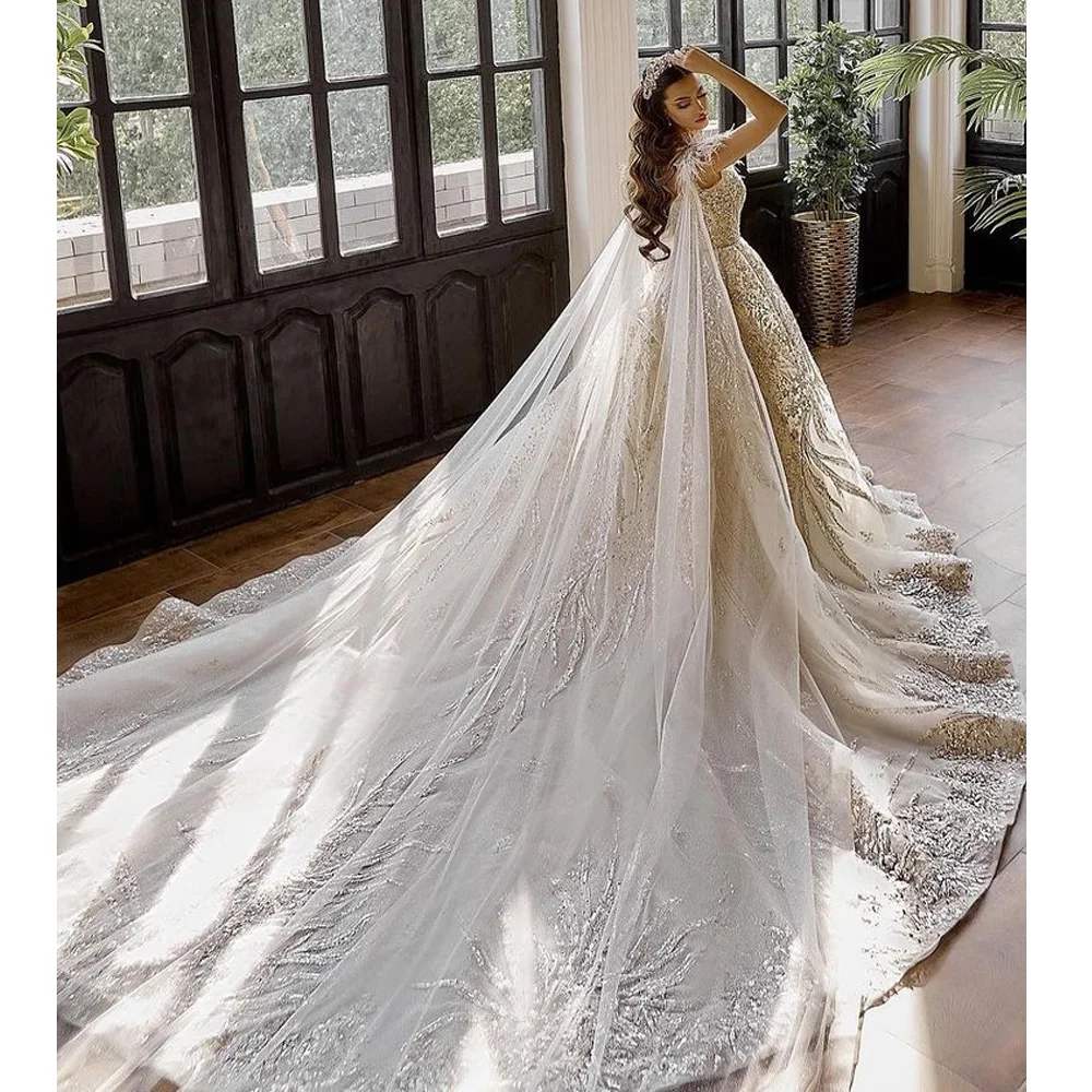 Romantic Square Collar Diamond Crystal Dubai Ball Gown Wedding Dresses With Cape Feathers Sequined Saudi Arabic Bridal Gown