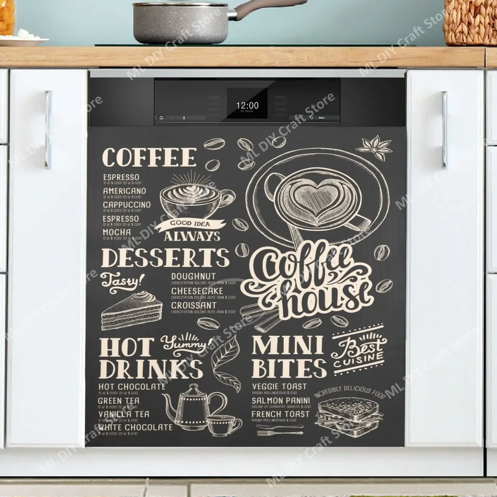 Retro Coffee Topics Cafe Design Dishwasher Sticker Cover for Dish Washer Door Panel Fridge Appliance Kitchen Decor