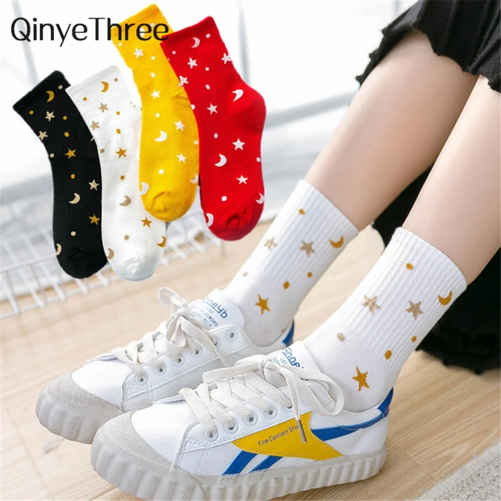 

INS Women Funny Stars Moon Cotton Socks Unisex Harajuku Calcetines Tube Sokken Skateboard Street Hip Hop Bright Color Dropship