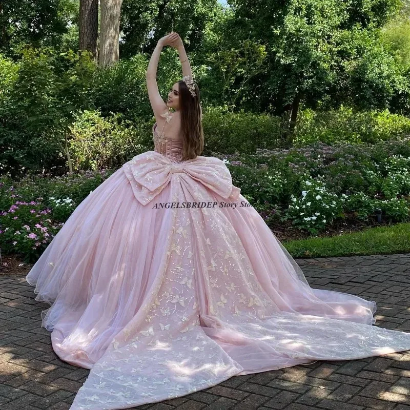 

ANGELSBRIDEP платье для Quinceanera с большим бантом, блестящее розовое платье принцессы с бисером и кристаллами, бальное платье, корсет, платье для 15 лет