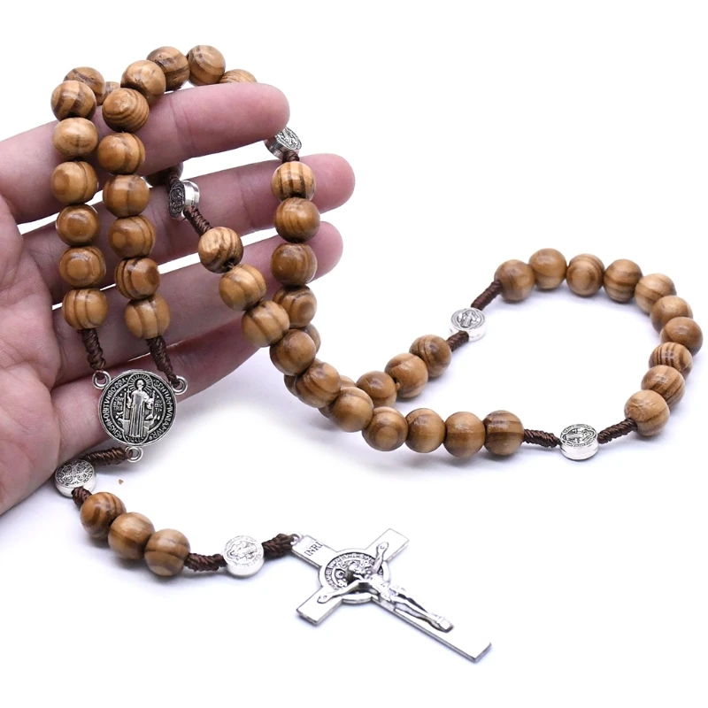 Handmade Round Bead Rosary Necklace for Men with Cross Jesus Pendant