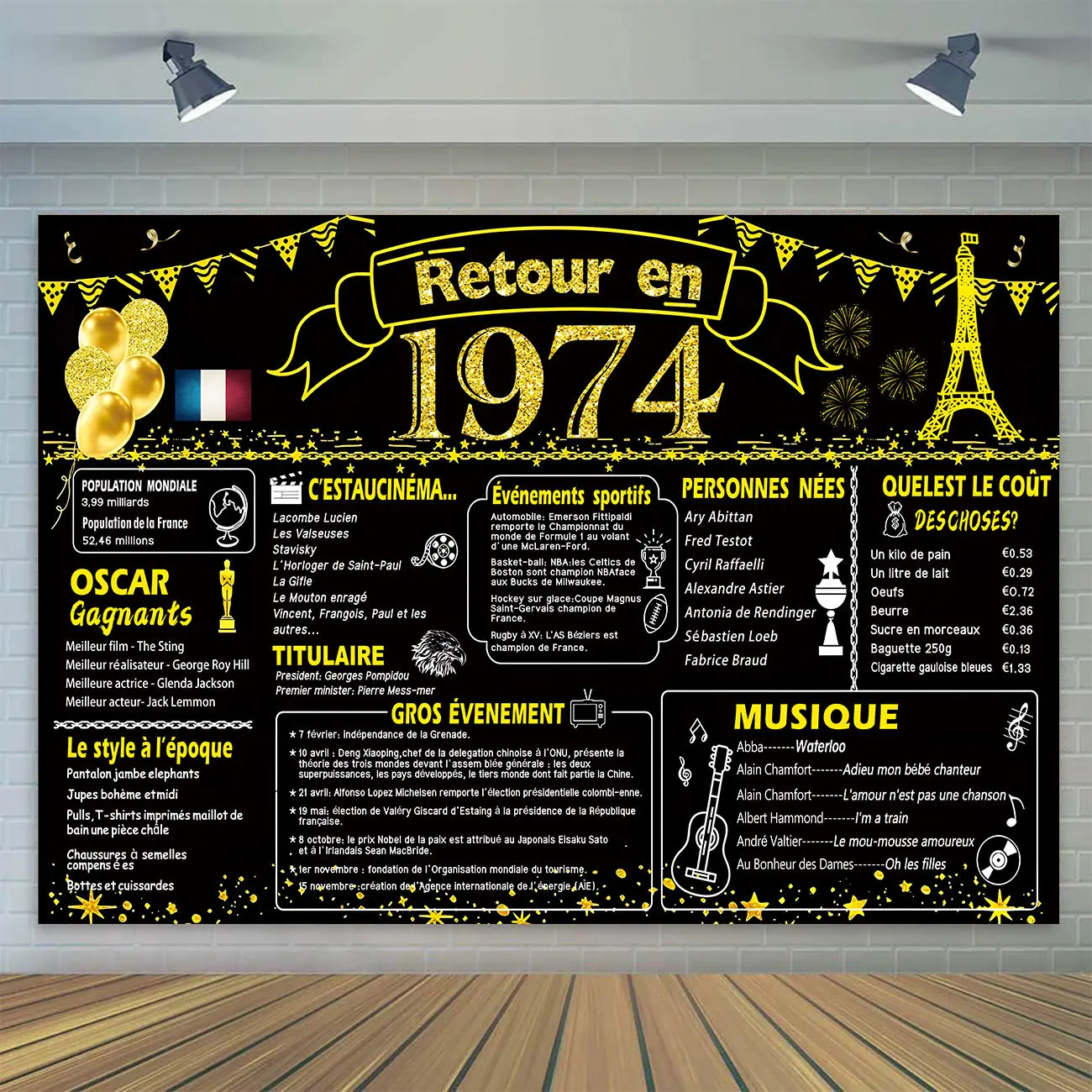 

Back in 1974 Backdrop 50th Birthday Party Decor Banner Poster Blue Pink Purple Black Gold Background for Women Men 50 Years Old