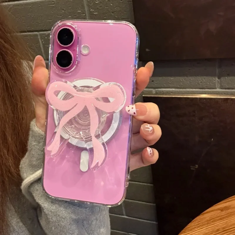 【Trending in Fashion】 Cute Pink Blue Bowknot For Magsafe Magnetic Phone Holder Griptok Grip Tok Stand For Foldable Wireless Charging Case Ring.