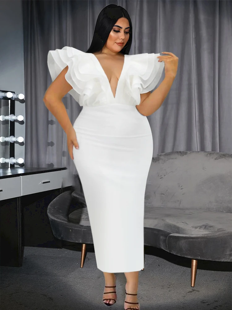 Plus Size White Dresses Women Plus Size White Party Dress V Neck