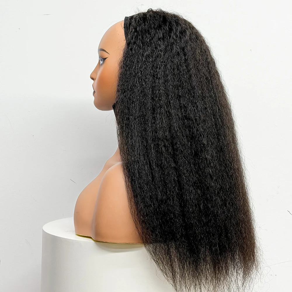 Half Wig Human Hair Kinky Straight Glueless Wig 250% Density Human Hair Yaki Drawstring Half Clip In Wigs 12A Wigs For Women