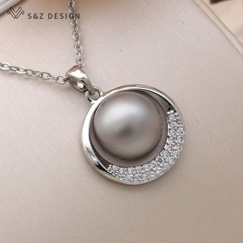 S&Z DESIGN New Fashion Round Simulated-pearl Pendant Necklace For Women Wedding 585 Rose Gold Color Cubic Zirconia Jewelry