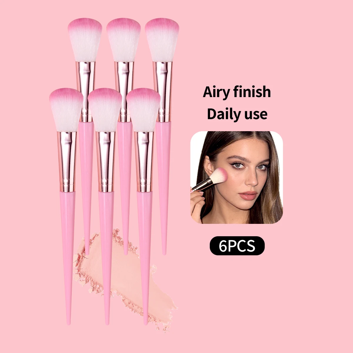 6PCS 핑크 블러쉬 브러쉬 메이크업 브러쉬, 길고 가느다란 플라스틱 손잡이, 흰색 헤어, 분홍빛이 도는 헤어 팁, 컨투어 브러쉬, 조각 브러쉬