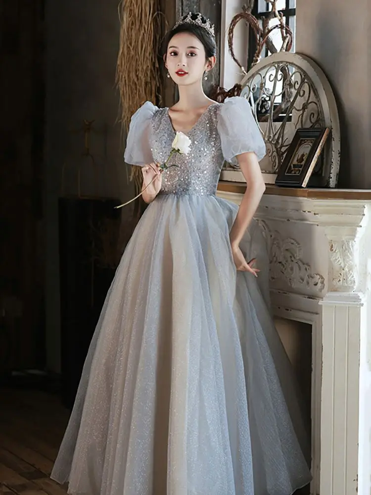 

Grey Tulle Evening Dress Women Luxury Puff Sleeve Sequin Beading Princess Quinceanera Dresses Party Banquet Elegant Lady Gown