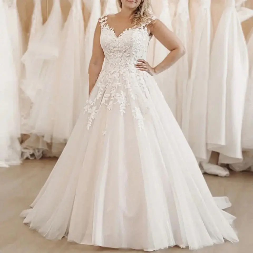 Plus-Size-A-line-Wedding-Dresses-Princess-V-neck-Floral-Applique-Lace ...