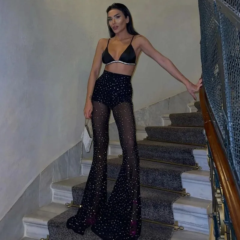

BKLD High Waist Giltter Mesh Flare Pants Fashion Streetwear Casual Trousers Clothes For Woman 2023 New Arrival Black Pants