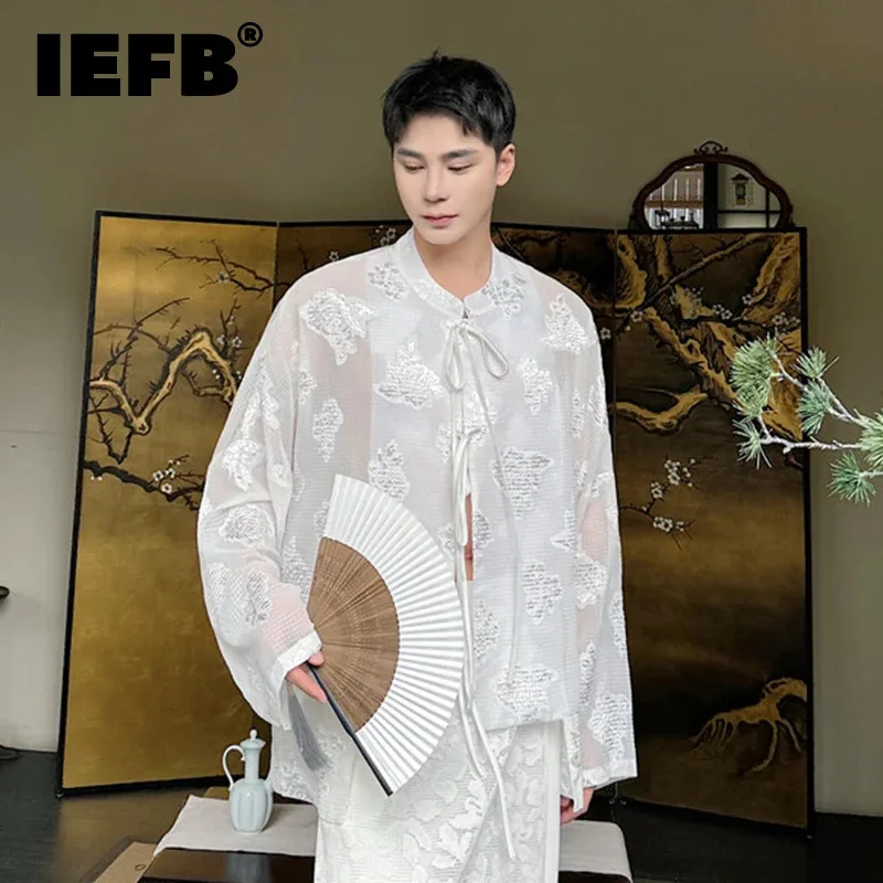 

IEFB Summer Long Sleeve Shirt Men New Fashion Jacquard Lace-up Shirts Chinese Style Top 20224 Stand Collar Men's Clothing 9C6005