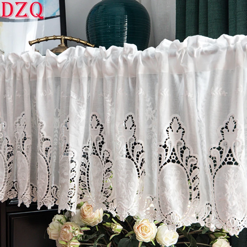 Japanese Geometry Hollow Short Curtains Living Room Korea White Lace