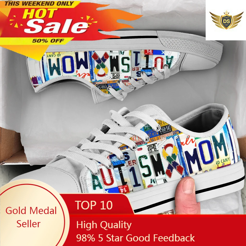 License Plate Autism Mom Women Canvas Shoes Low Top High Quality Sneakers For Girls Students Casual Leisure Gumshoes 35-46