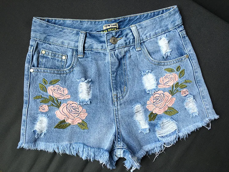 denim High Waist Denim Shorts Women All-match Flower Embroidery Ripped Jeans Short Femme Tassel Slim Fit Light Blue Short Jeans Woman slim fit