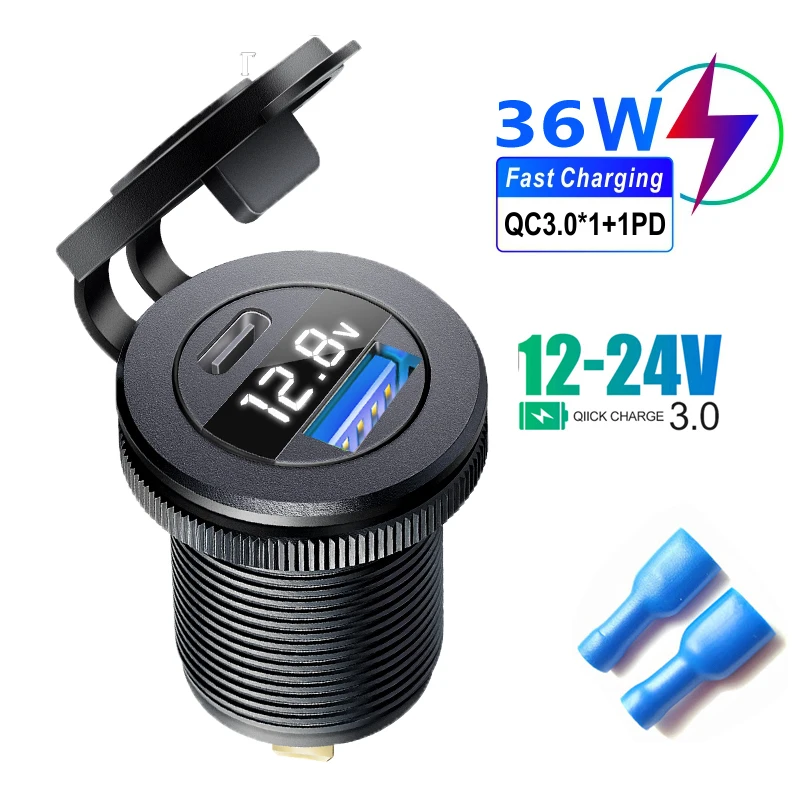 고속 충전 3.0 듀얼 USB 차량용 충전기, 고속 어댑터 소켓, 알루미늄 전원 콘센트, LED 전압계 포함, 12V, 24V, 해양 보트