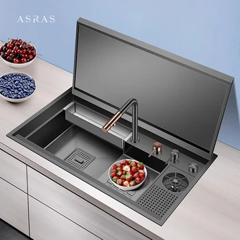 ASRAS ขนาดใหญ่ฝาครอบซ่อนเกาะอ่างล้างจาน 304 สแตนเลส 4 มม.ความหนา Handmade Stepped Sink ถ้วย Rinser อ่างล้างจาน 1