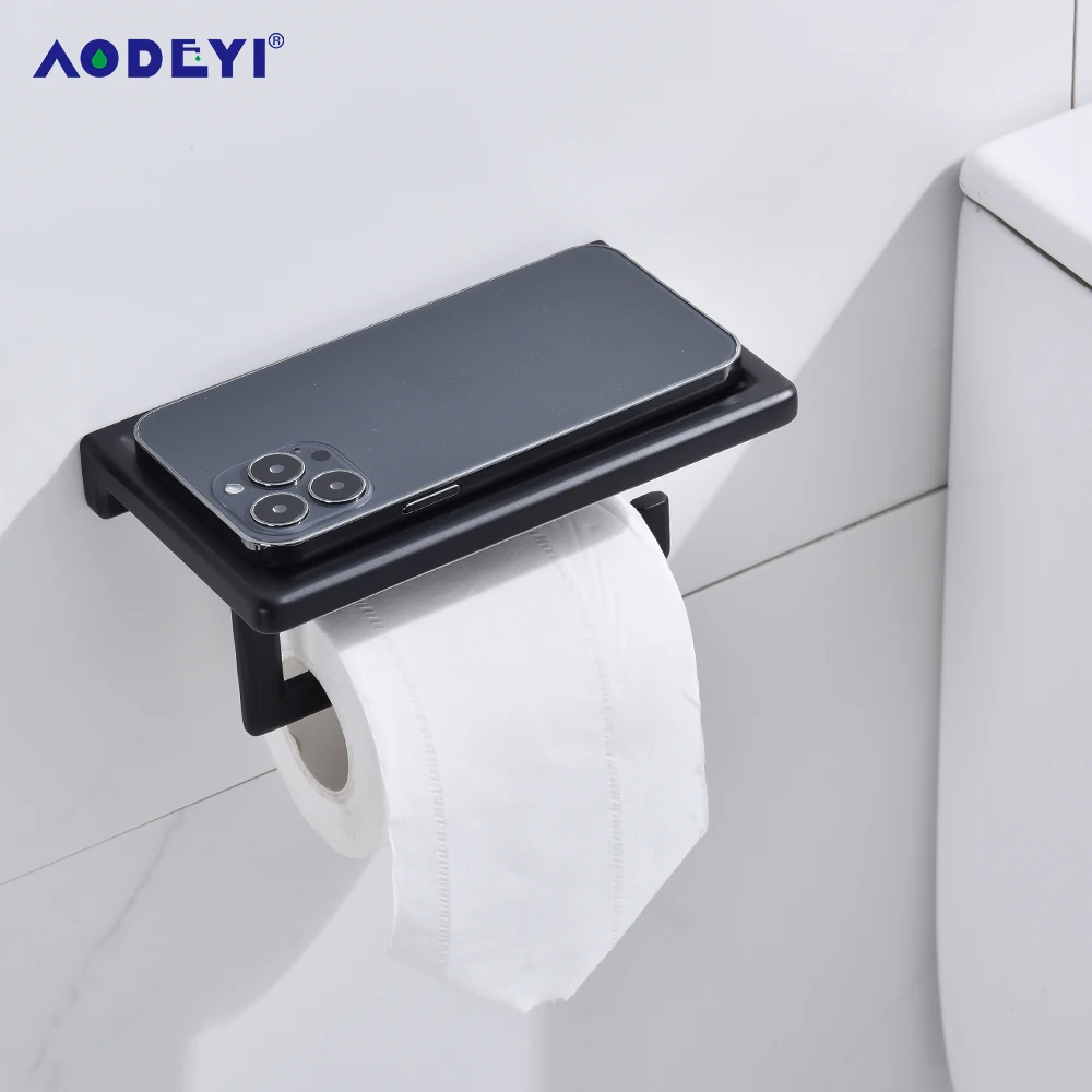 

Toilet Paper Holder Black Wall-Mounted Tissue Roll Dispenser With Storage Tray Organizer Phone Stand Bathroom Accessories Gold