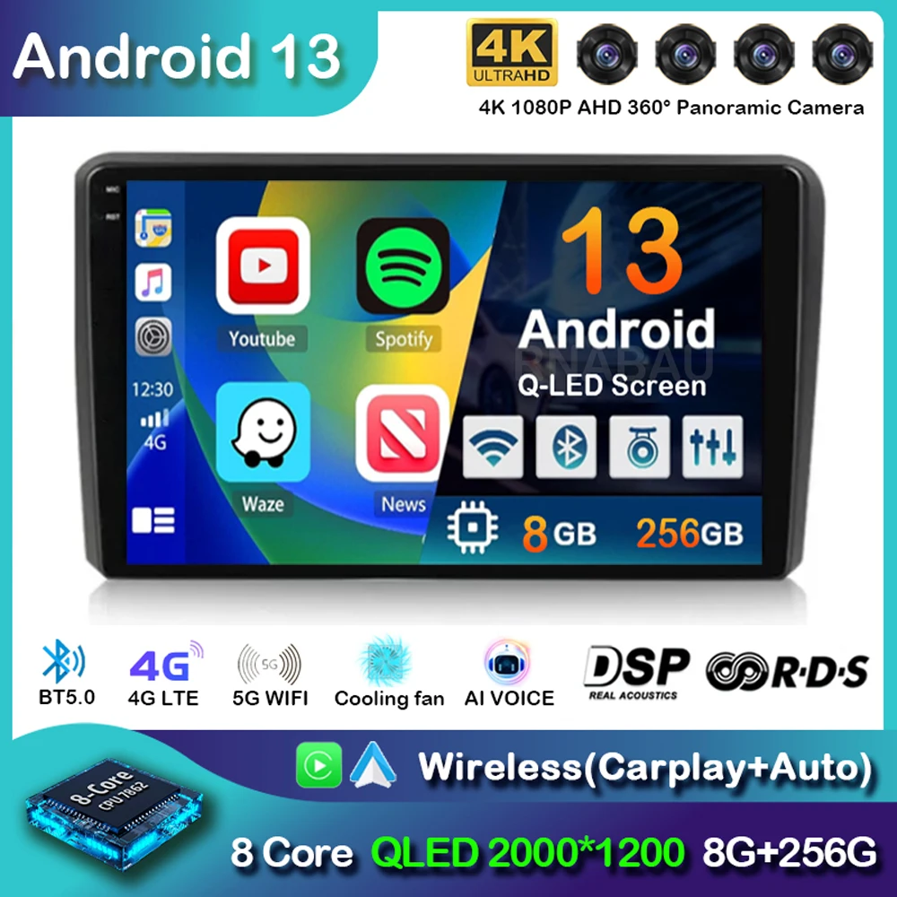 

Автомобильный радиоприемник Carplay, Android 13, для Audi A3 8P 2003-2013, 2din, мультимедийный плеер, GPS-навигация, аудио, стерео, DSP 360, камера, 4G