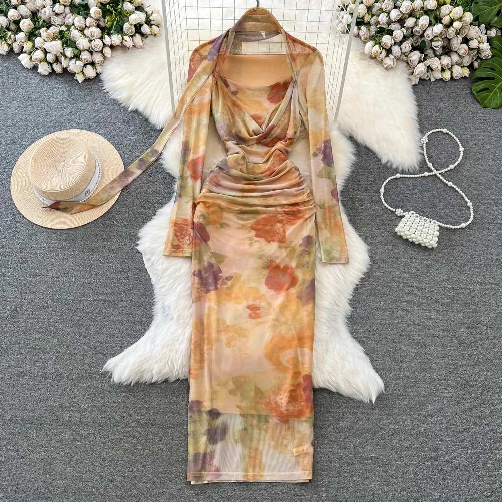 

2024 Women's long sleeve square collar pleated tulle slim dress