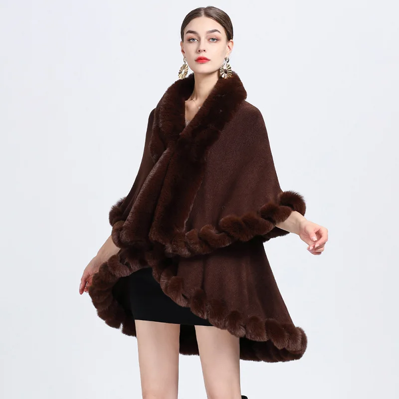 

Autumn Winter New Imitation Otter Rabbit Fur Collar Shawl Knitted Cardigan Loose Coat Ponchos Women Capes Coffee Cloak