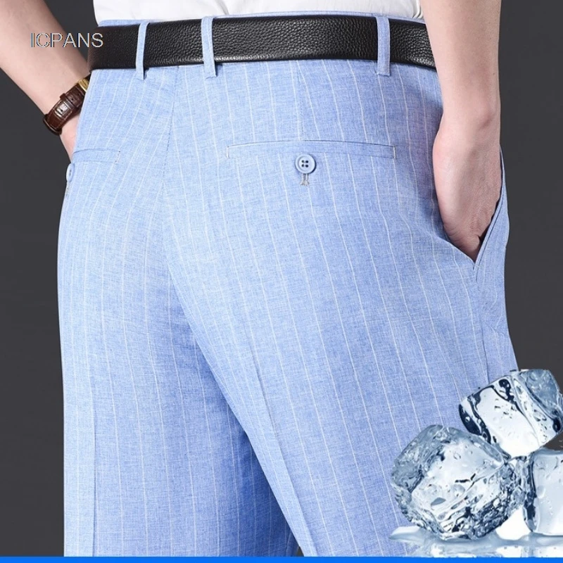 Flat Stretch Suit Pants For Men Striped Thin Summer Straight High Waist Black White Blue Formal Fashion Korea Dress Trousers