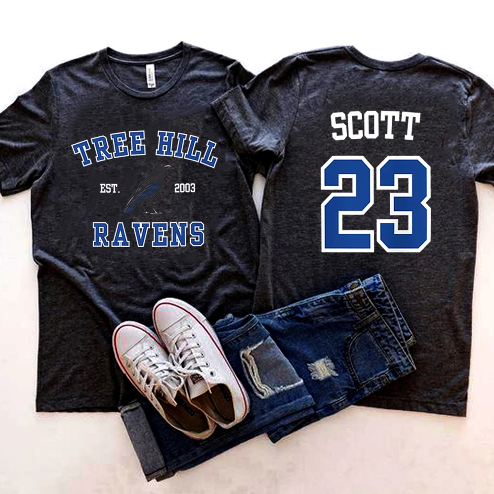 One Tree Hill T-shirt TREE HILL RAVENS Shirt Nathan Scott 23 North Carolina Tees Tric Shirts Tv Show OTH Merch 2 Side Print Tops 3