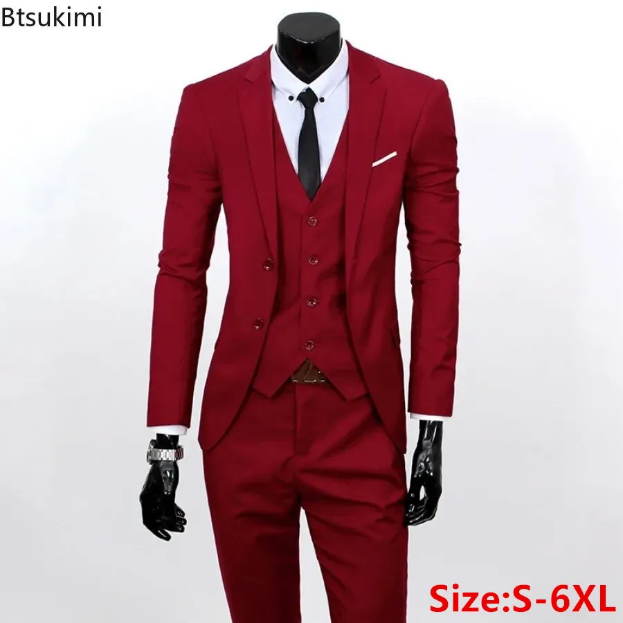 Men's Fashion Korean Slim Suits Sets Solid Blazer Jacket+Vest+Pants Three Pieces Sets Men Business Wedding Groom Blazer