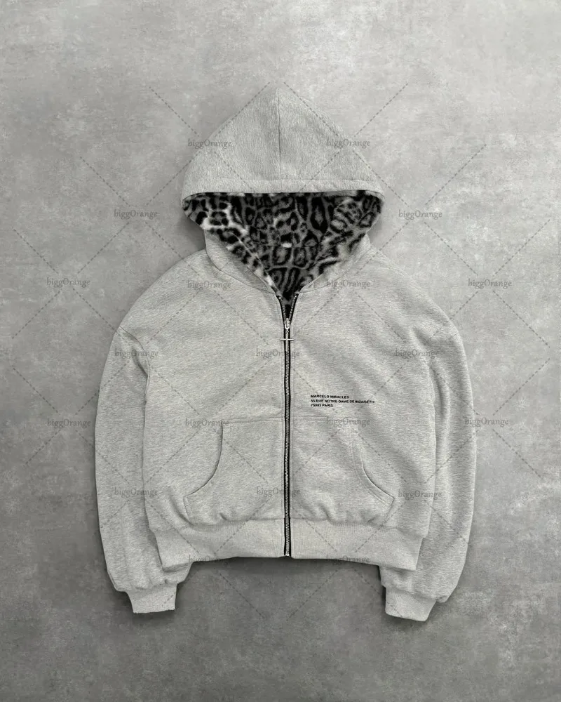 Retro Fashion Leopard Print Two Sides Wearing Loose Zipper Hoodie