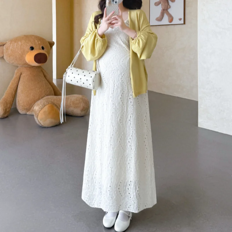 임산부 세트 한국 스타일 부드러운 니트 가디건 V넥 스트랩 드레스 봄 신상 투피스 세트 일반 두께 긴팔