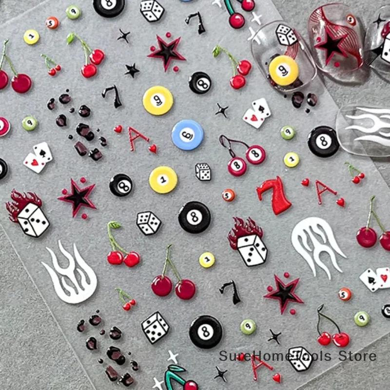 3D Embossed Cherry Nail Art Stickers Self Adhesive Pool & Dice Design Nail Art Decals Manicure DIY Accessories