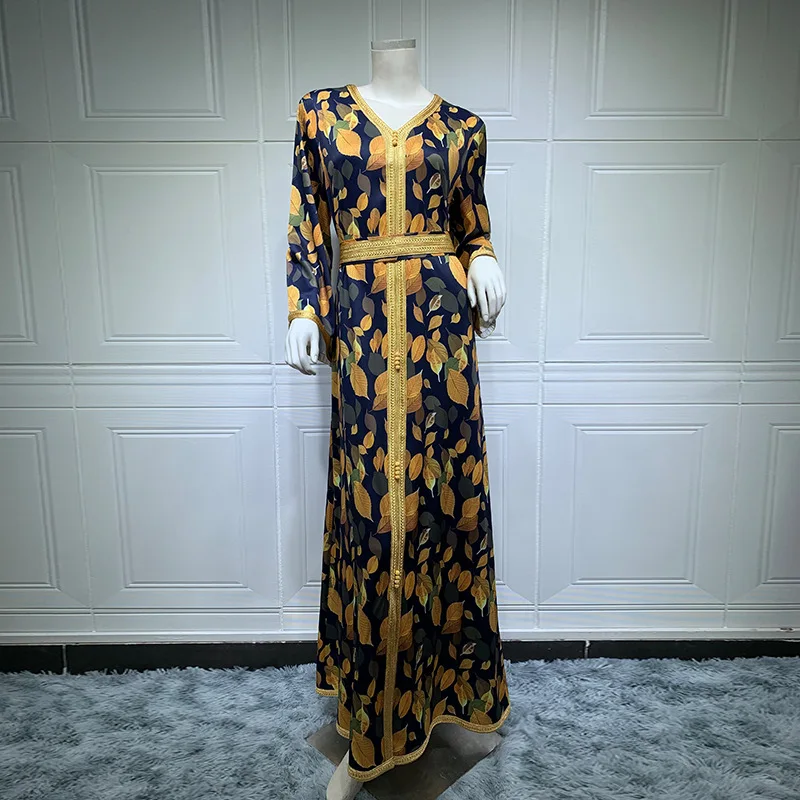 2023 Women's Jalabiya Printed Long Belt Dress Dubai Abaya Turkey American Clothing Muslim Robe Abayas for Women Ramadan