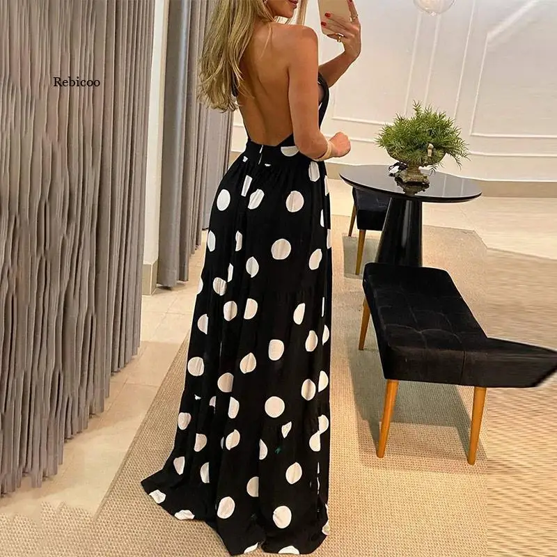 

Slim High Waist Dot Leopard Print Woman Halter Dress Female Sleeveless Bandage Dresses For Women 2021 Summer Party Lady